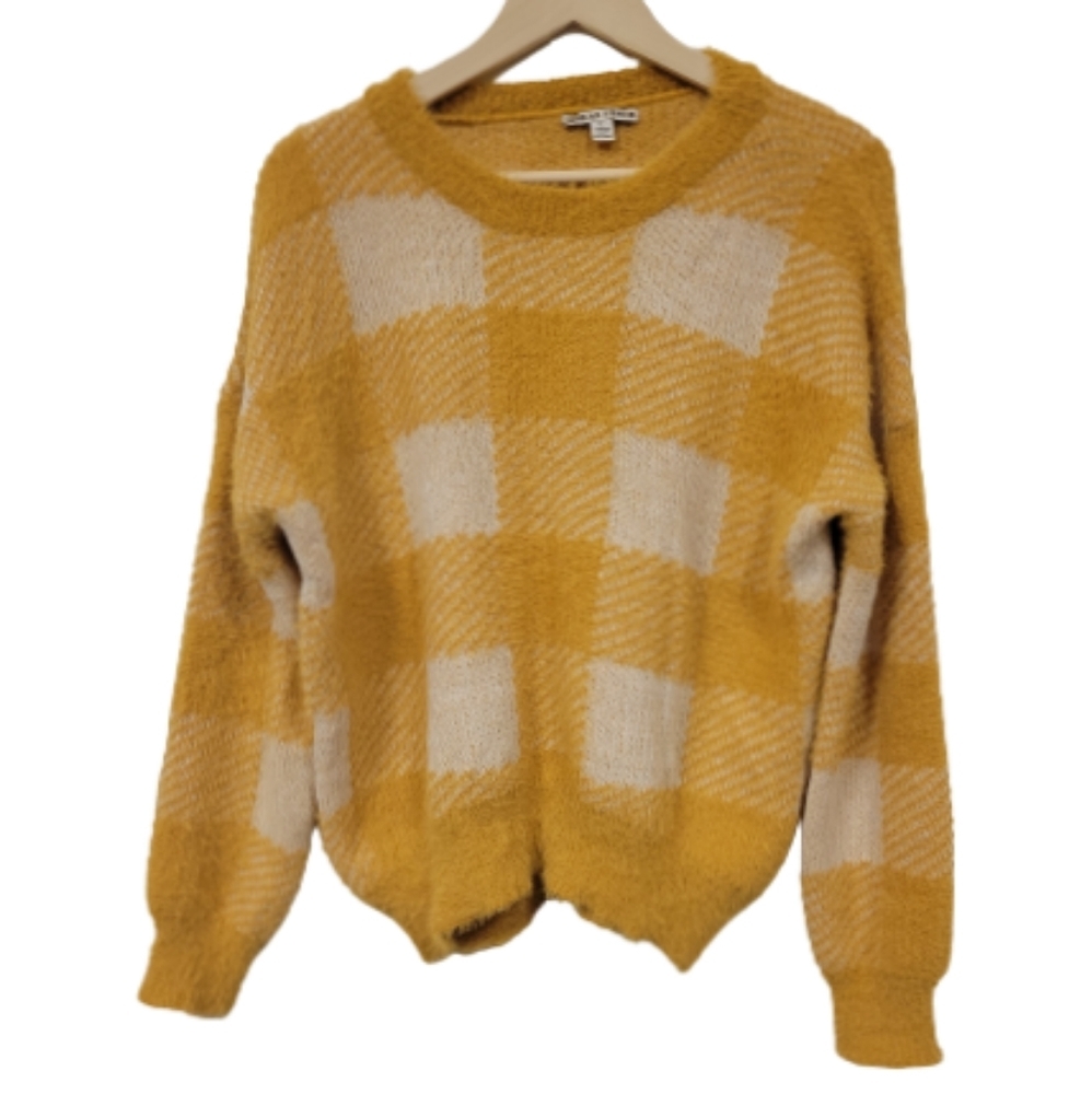 Fuzzy super soft yellow Mustard plaid color block sweater size L